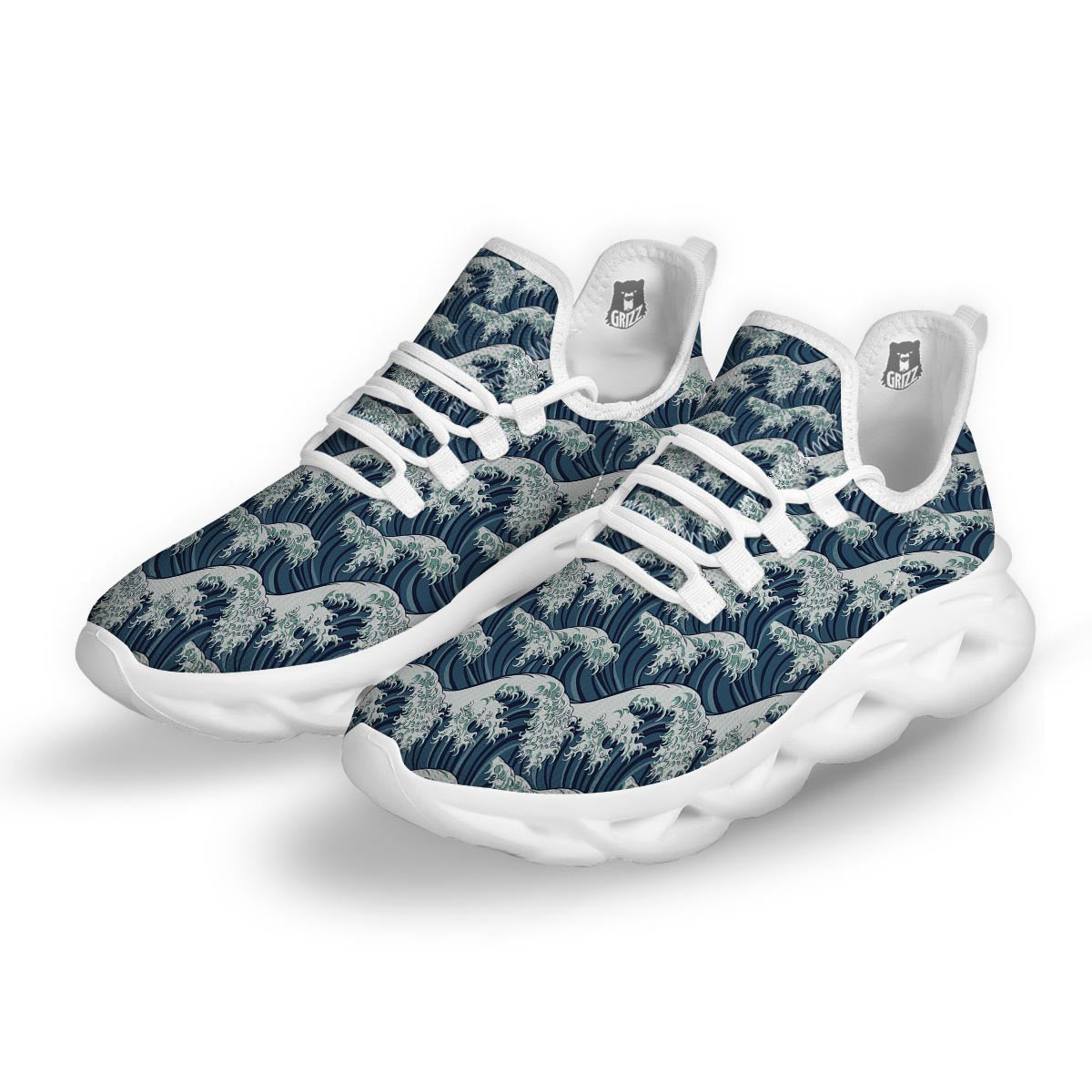 The Great Kanagawa Wave Print Pattern White Running Shoes-grizzshop