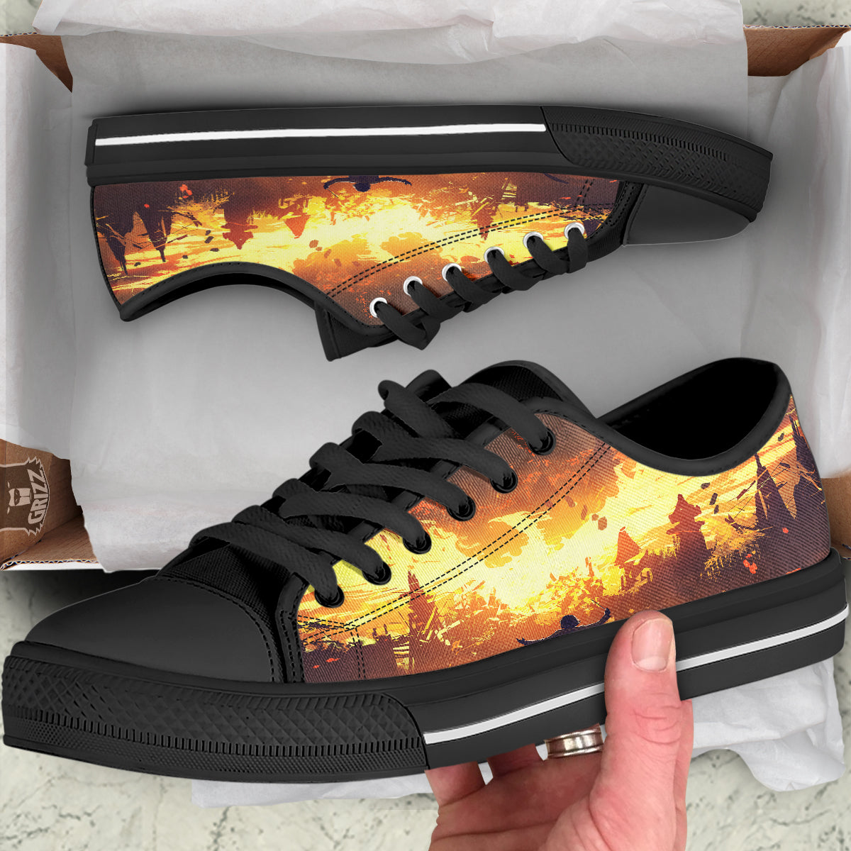 The Man And Phoenix Print Black Low Top Shoes-grizzshop