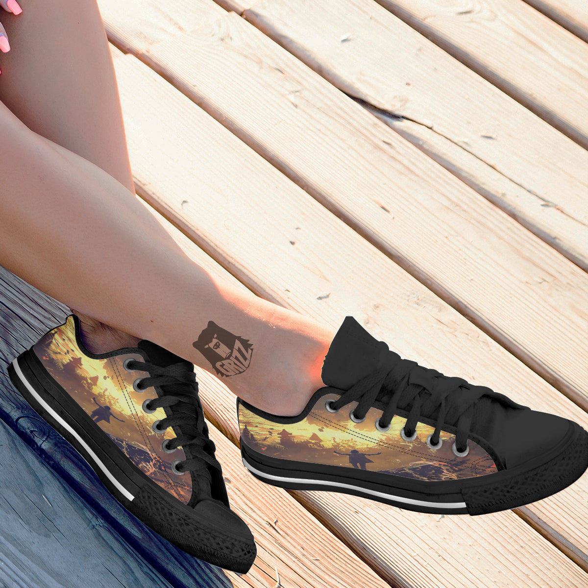 The Man And Phoenix Print Black Low Top Shoes-grizzshop