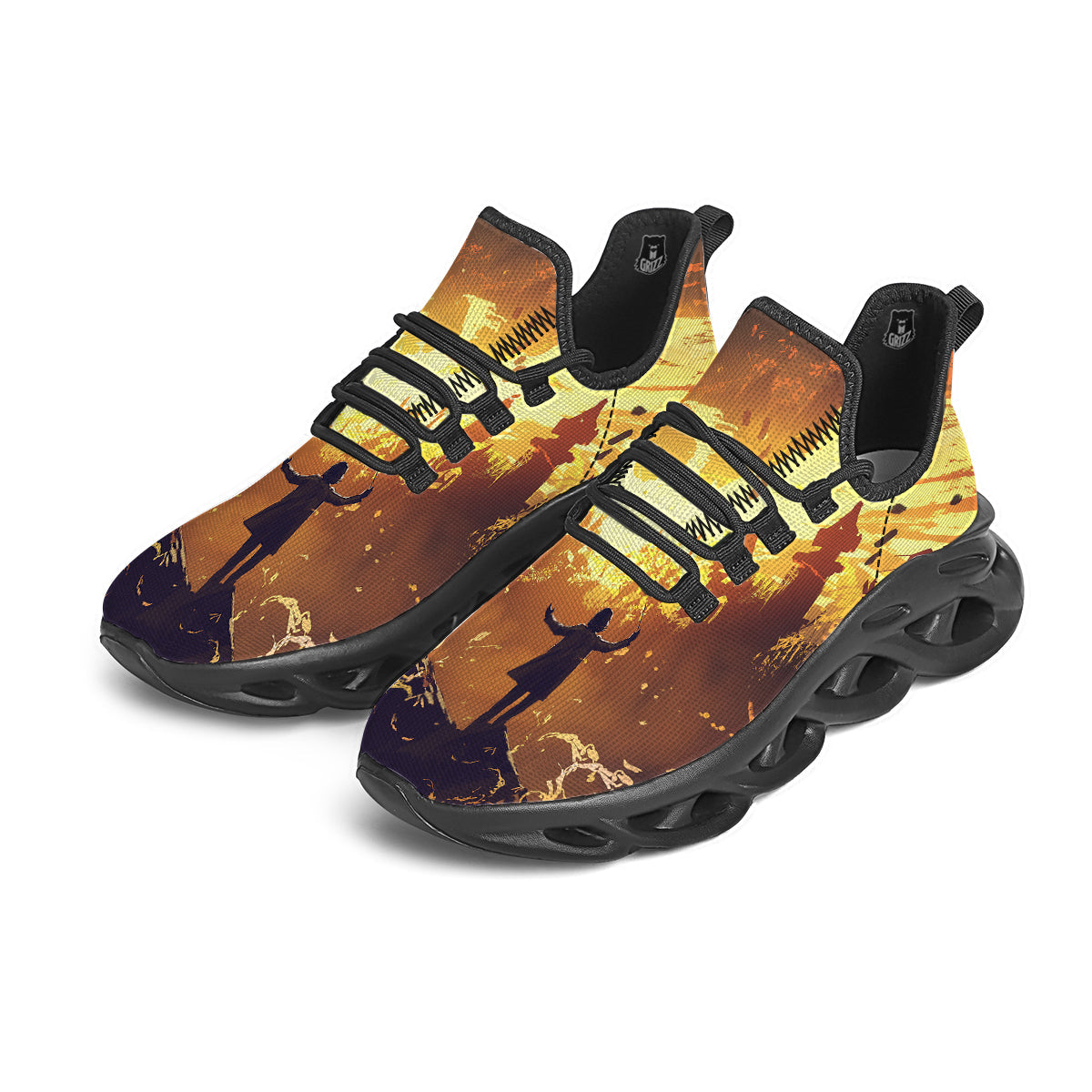 The Man And Phoenix Print Black Running Shoes-grizzshop