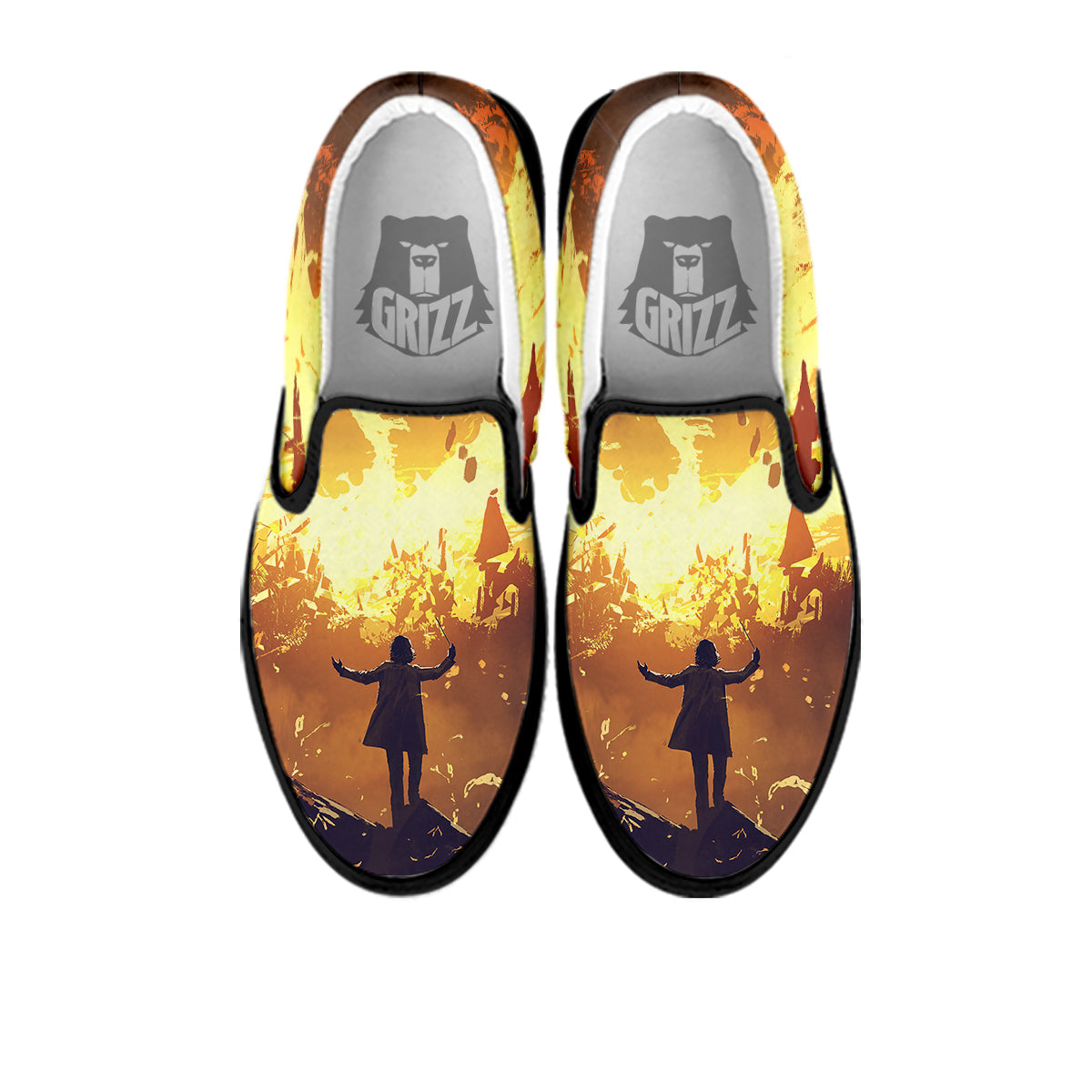 The Man And Phoenix Print Black Slip On Shoes-grizzshop
