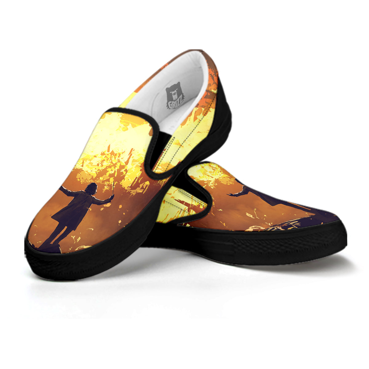 The Man And Phoenix Print Black Slip On Shoes-grizzshop