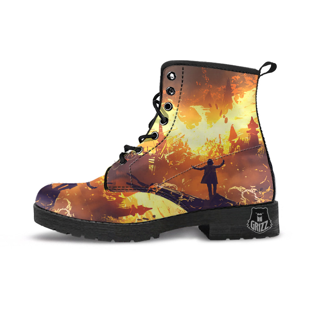 The Man And Phoenix Print Leather Boots-grizzshop