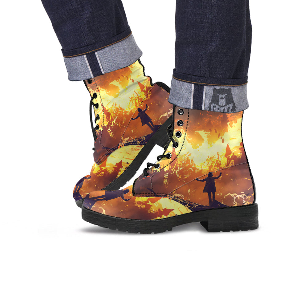 The Man And Phoenix Print Leather Boots-grizzshop