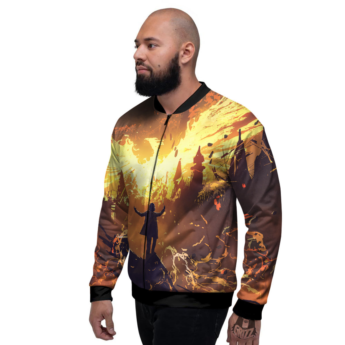 The Man And Phoenix Print Men's Bomber Jacket-grizzshop
