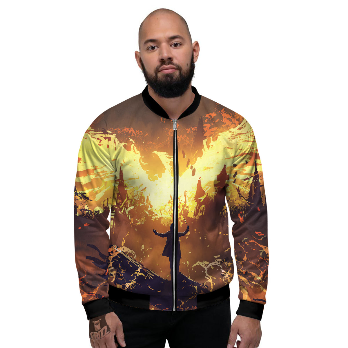 The Man And Phoenix Print Men's Bomber Jacket-grizzshop
