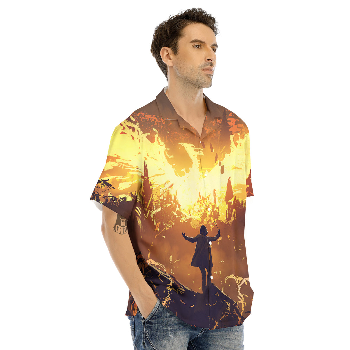 The Man And Phoenix Print Men's Hawaiian Shirt-grizzshop