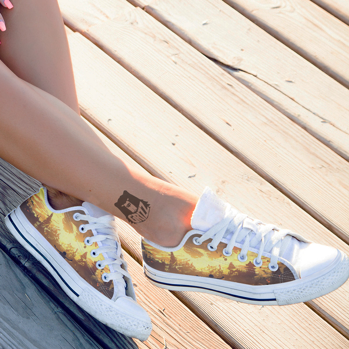 The Man And Phoenix Print White Low Top Shoes-grizzshop