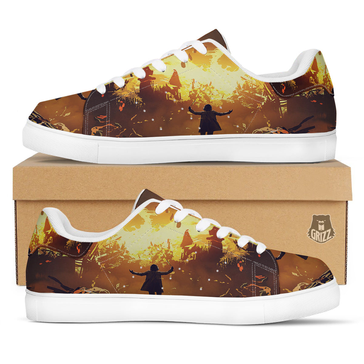 The Man And Phoenix Print White Low Top Sneakers-grizzshop