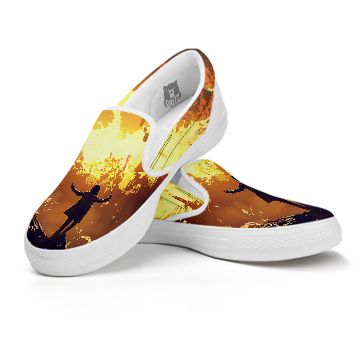 The Man And Phoenix Print White Slip On Shoes-grizzshop