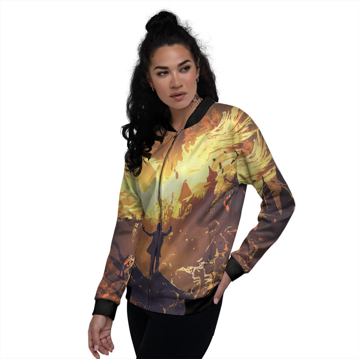 The Man And Phoenix Print Women's Bomber Jacket-grizzshop