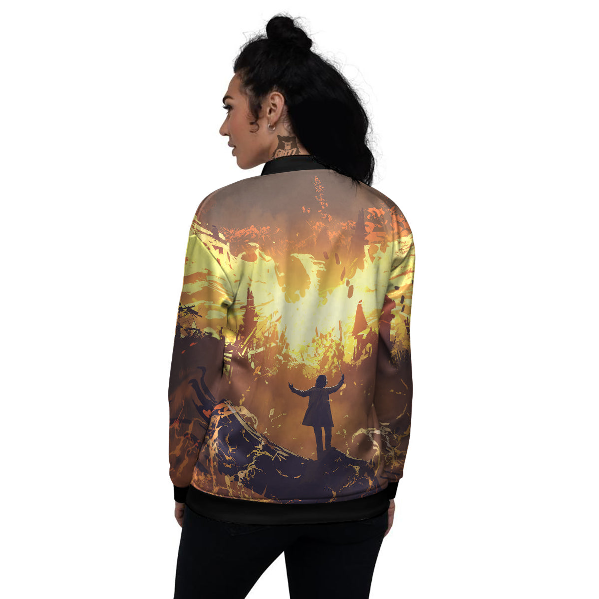 The Man And Phoenix Print Women's Bomber Jacket-grizzshop