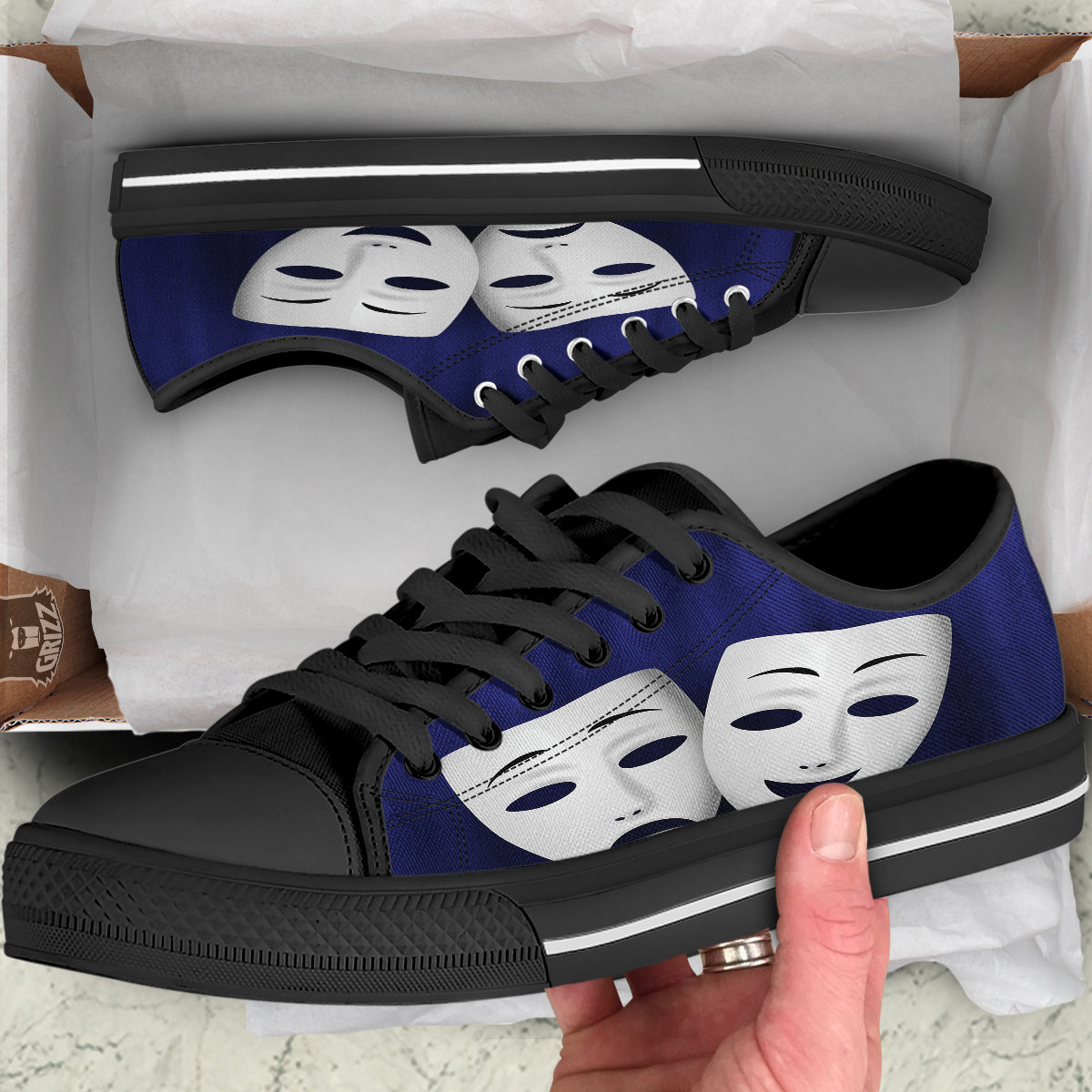 Theater Masks Tragedy And Comedy Print Black Low Top Shoes-grizzshop