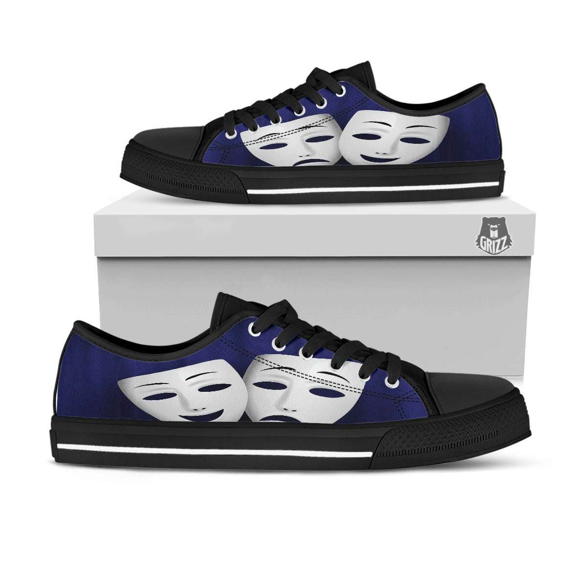 Theater Masks Tragedy And Comedy Print Black Low Top Shoes-grizzshop