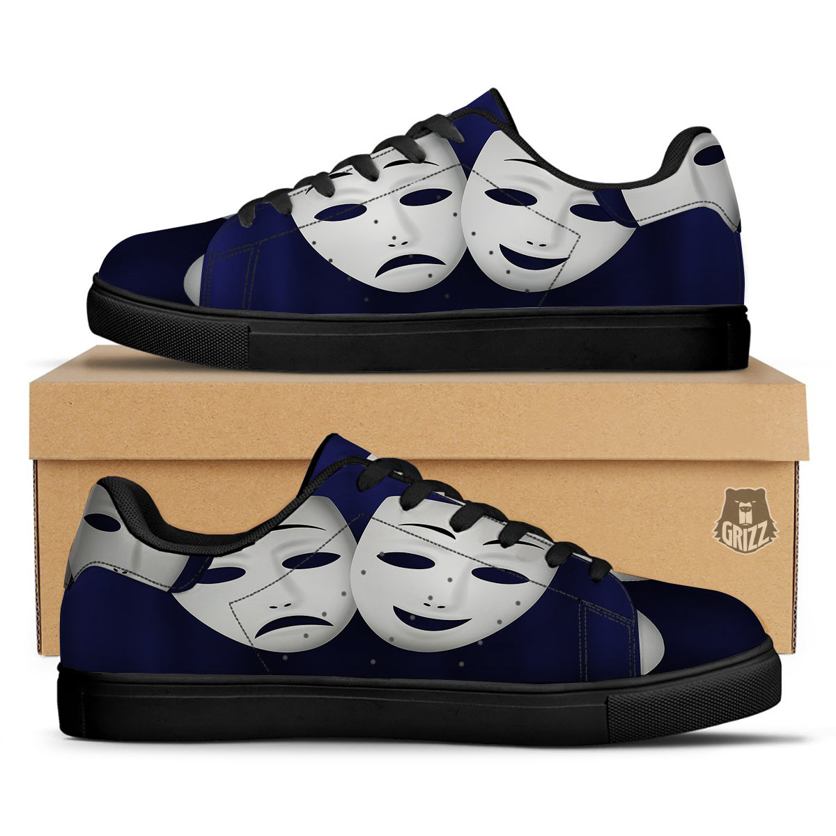 Theater Masks Tragedy And Comedy Print Black Low Top Sneakers-grizzshop