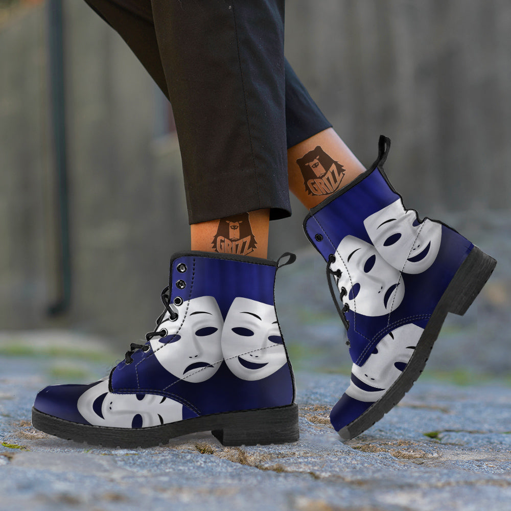 Theater Masks Tragedy And Comedy Print Leather Boots-grizzshop