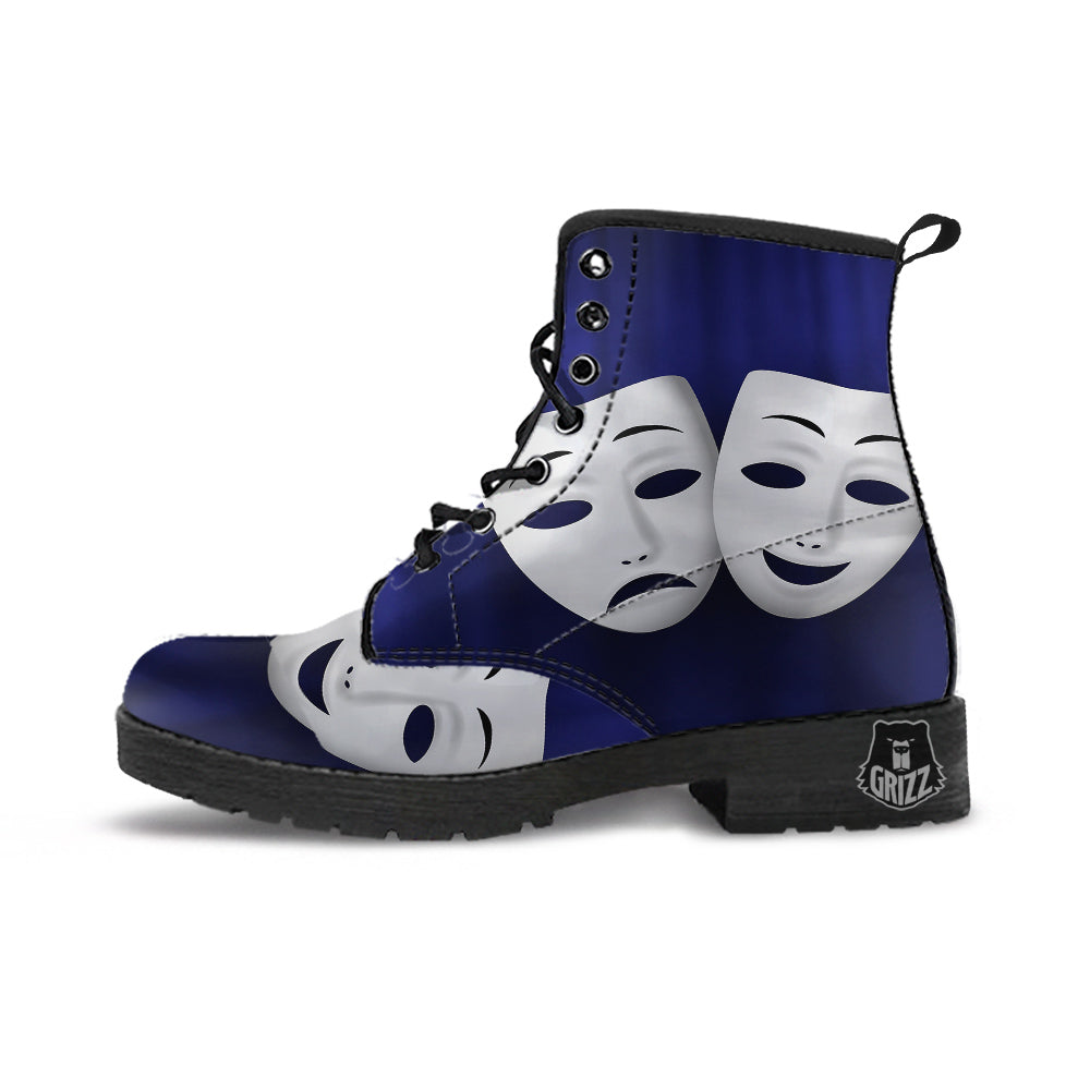 Theater Masks Tragedy And Comedy Print Leather Boots-grizzshop