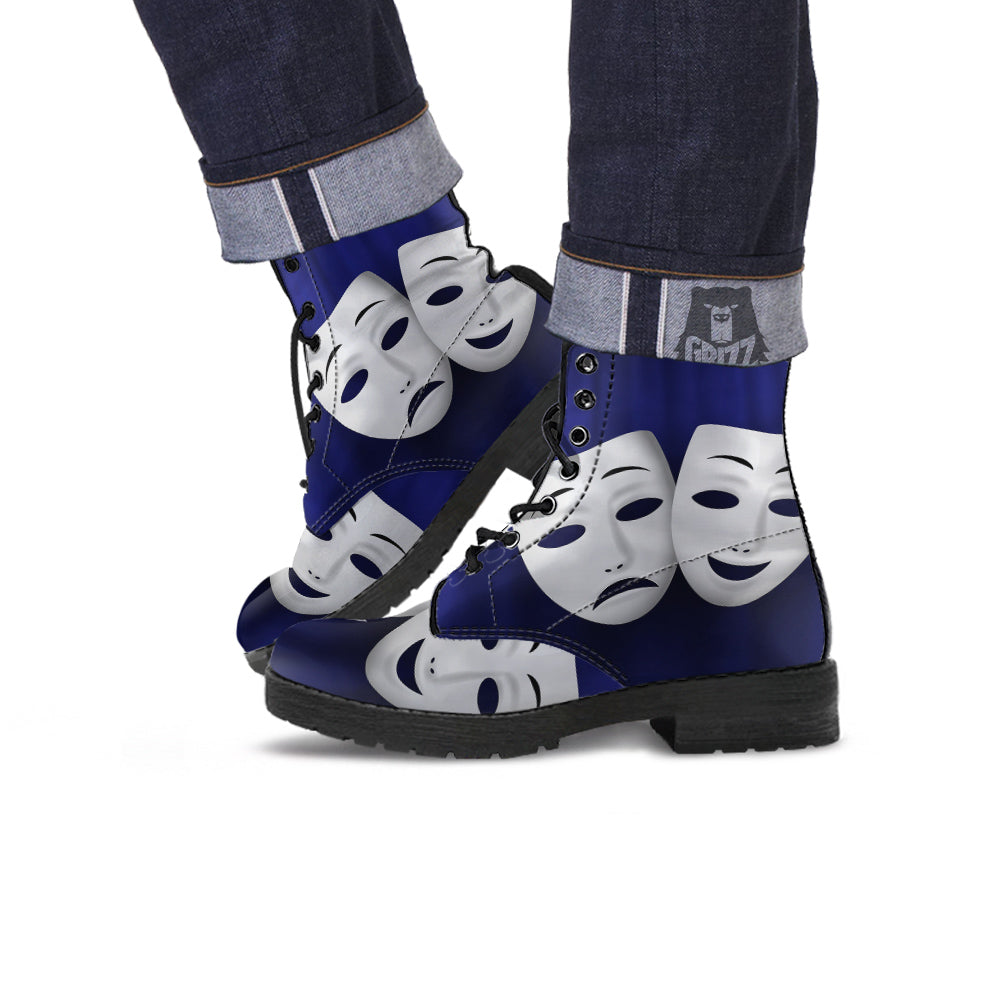 Theater Masks Tragedy And Comedy Print Leather Boots-grizzshop