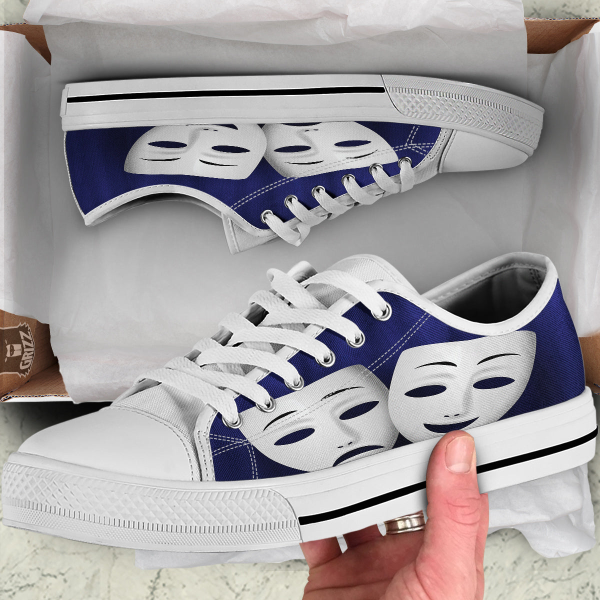 Theater Masks Tragedy And Comedy Print White Low Top Shoes-grizzshop