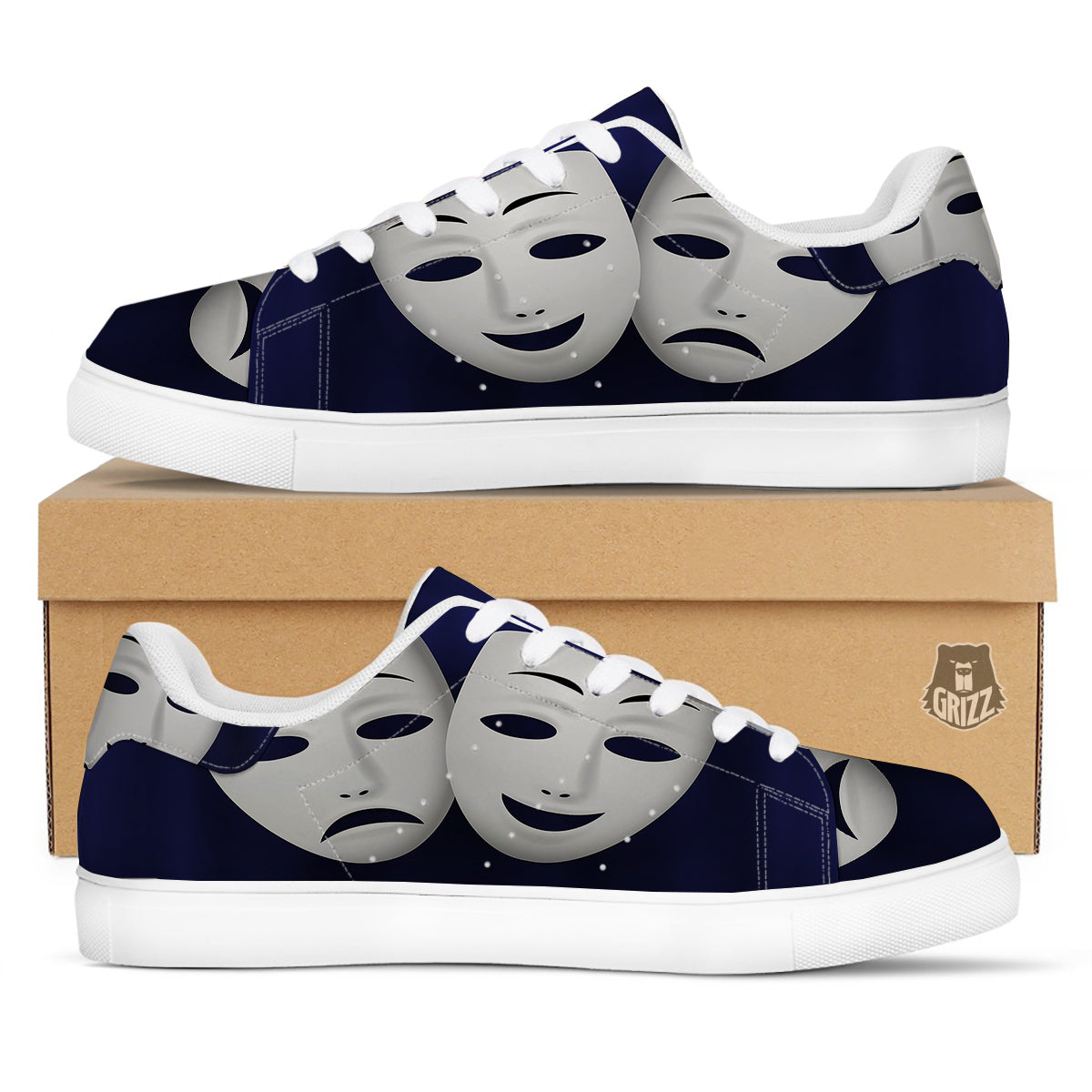 Theater Masks Tragedy And Comedy Print White Low Top Sneakers-grizzshop