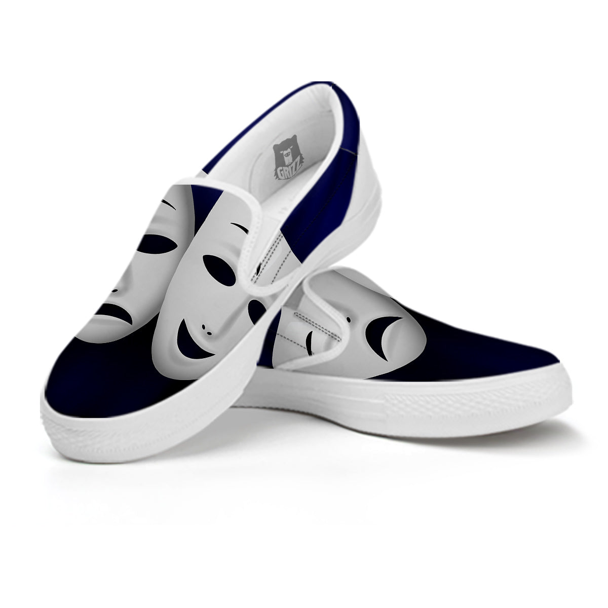 Theater Masks Tragedy And Comedy Print White Slip On Shoes-grizzshop
