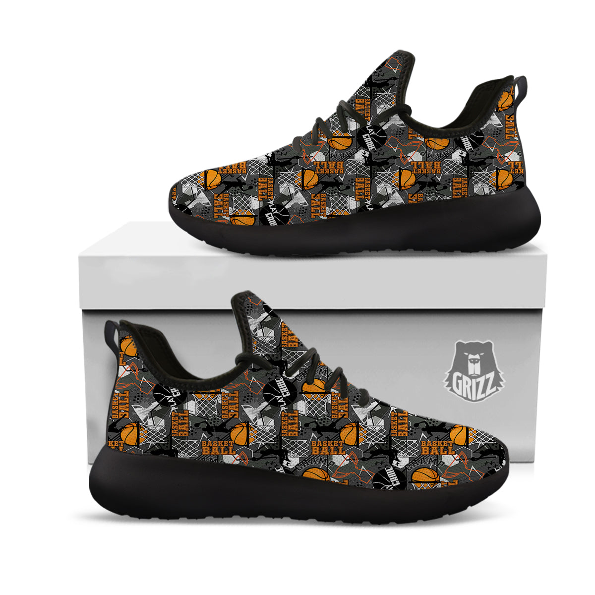 Theme Basketball Print Pattern Black Athletic Shoes-grizzshop