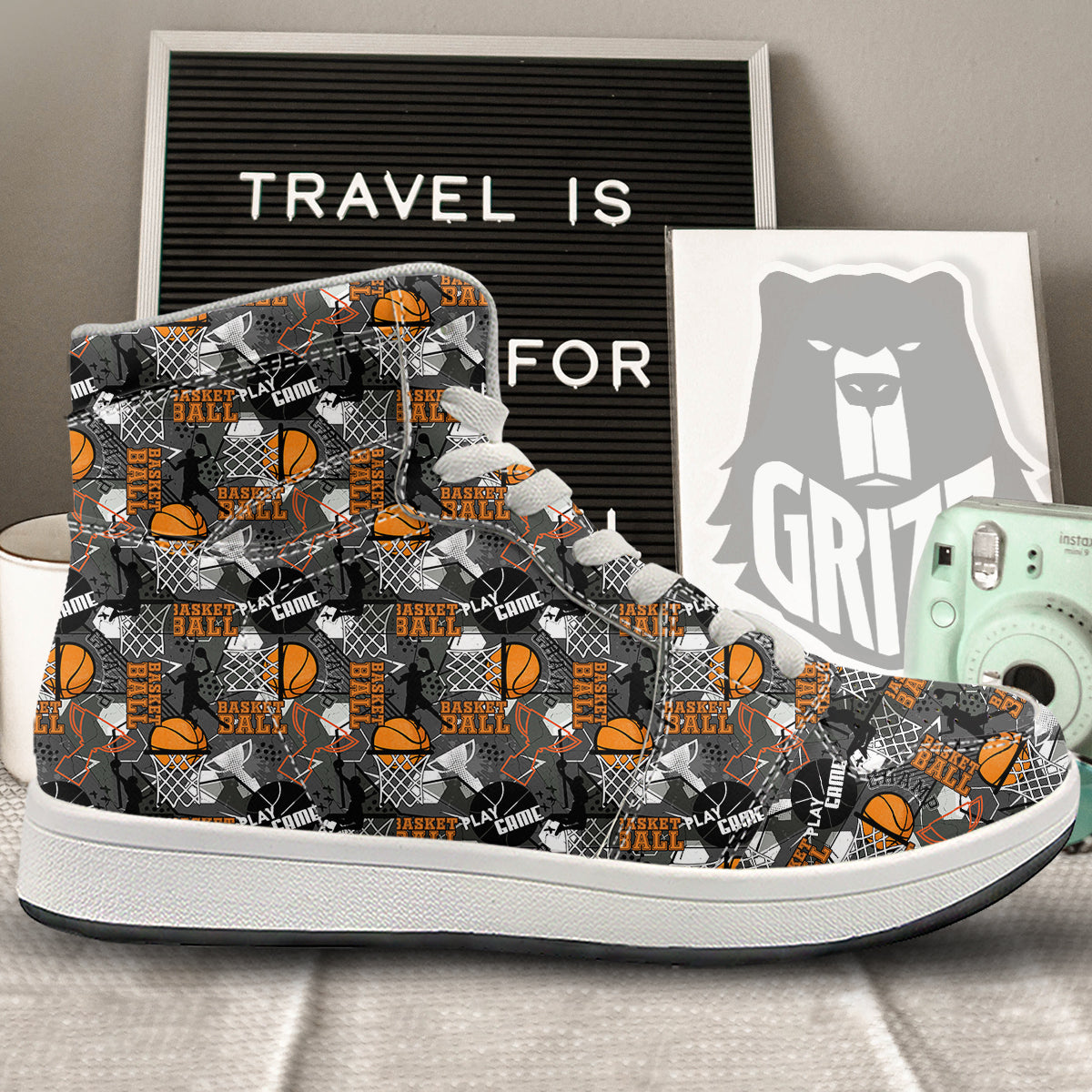 Theme Basketball Print Pattern High Top Sneakers-grizzshop