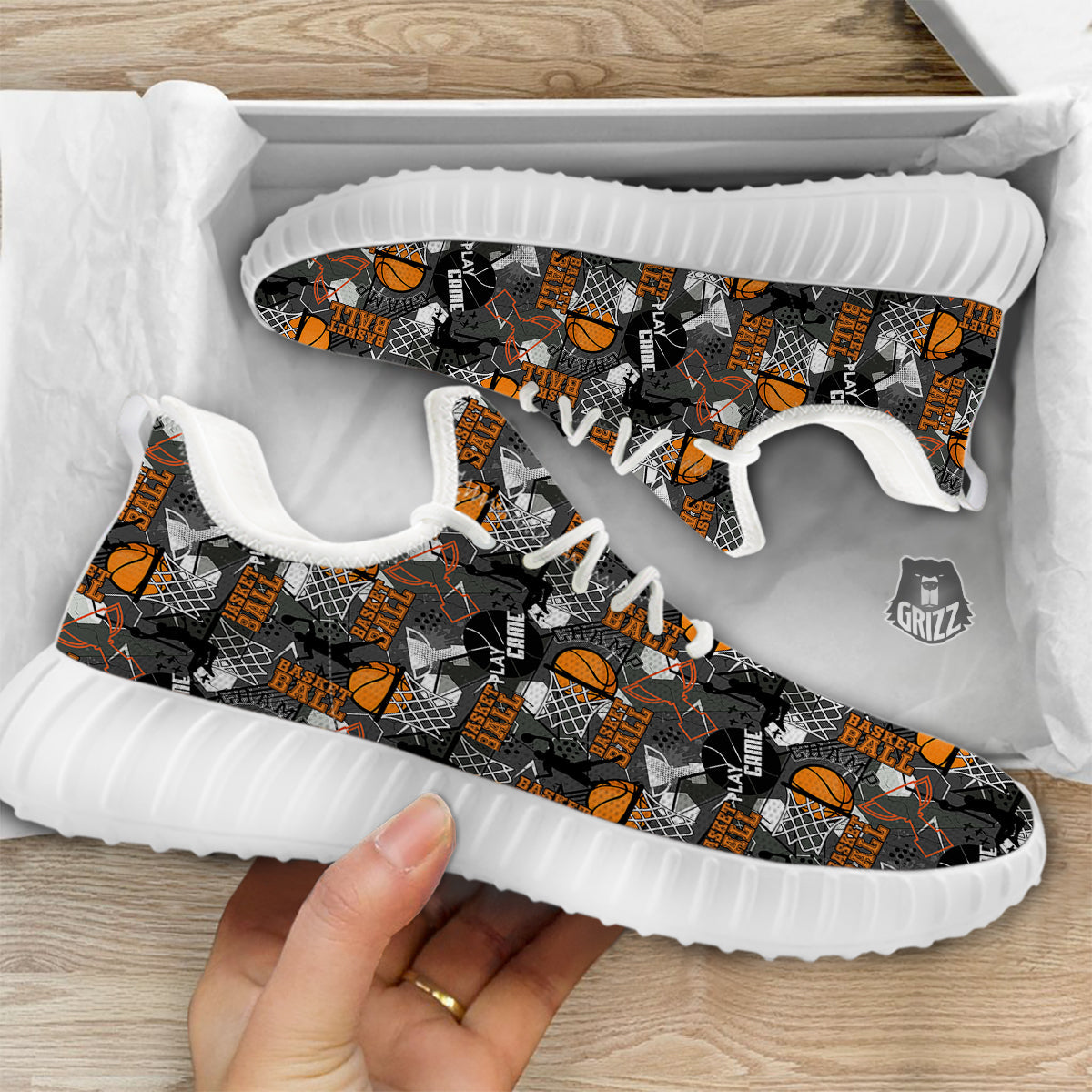 Theme Basketball Print Pattern White Walking Shoes-grizzshop