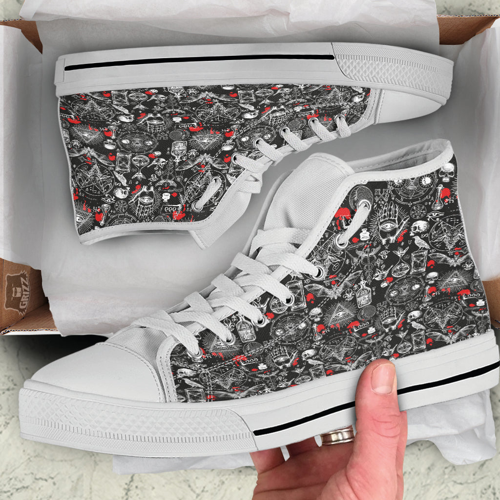 Theme Of Satanism Print Pattern White High Top Shoes-grizzshop