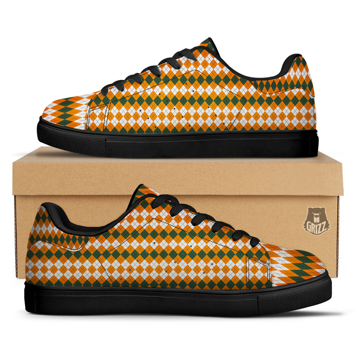 Themed Argyle Halloween Print Pattern Black Low Top Sneakers-grizzshop