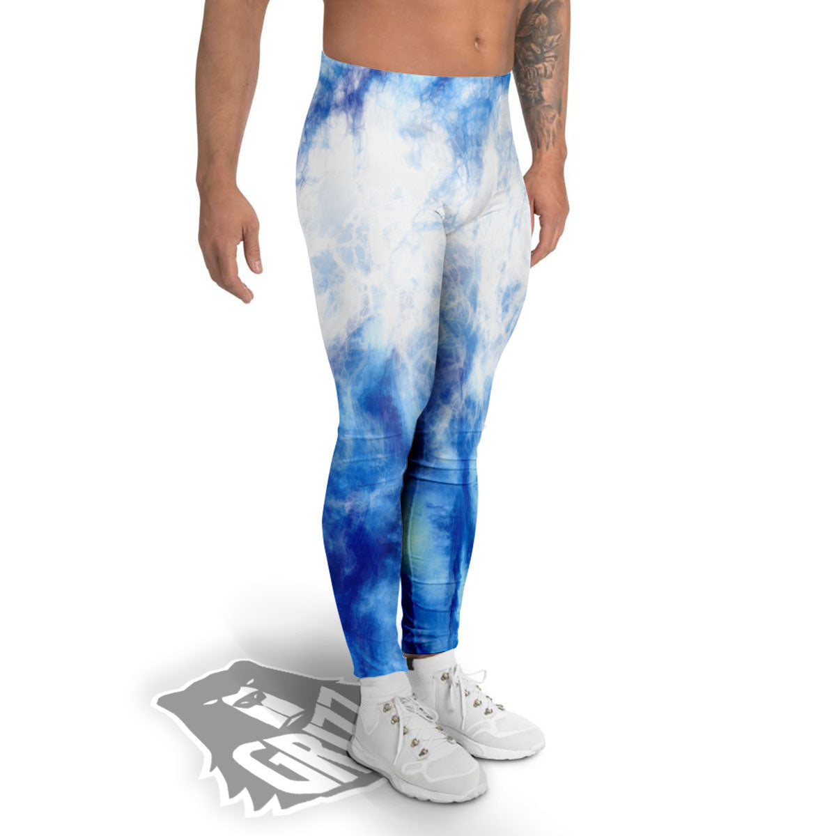 Tie Dye Acid Wash White And Blue Print Men's Leggings-grizzshop