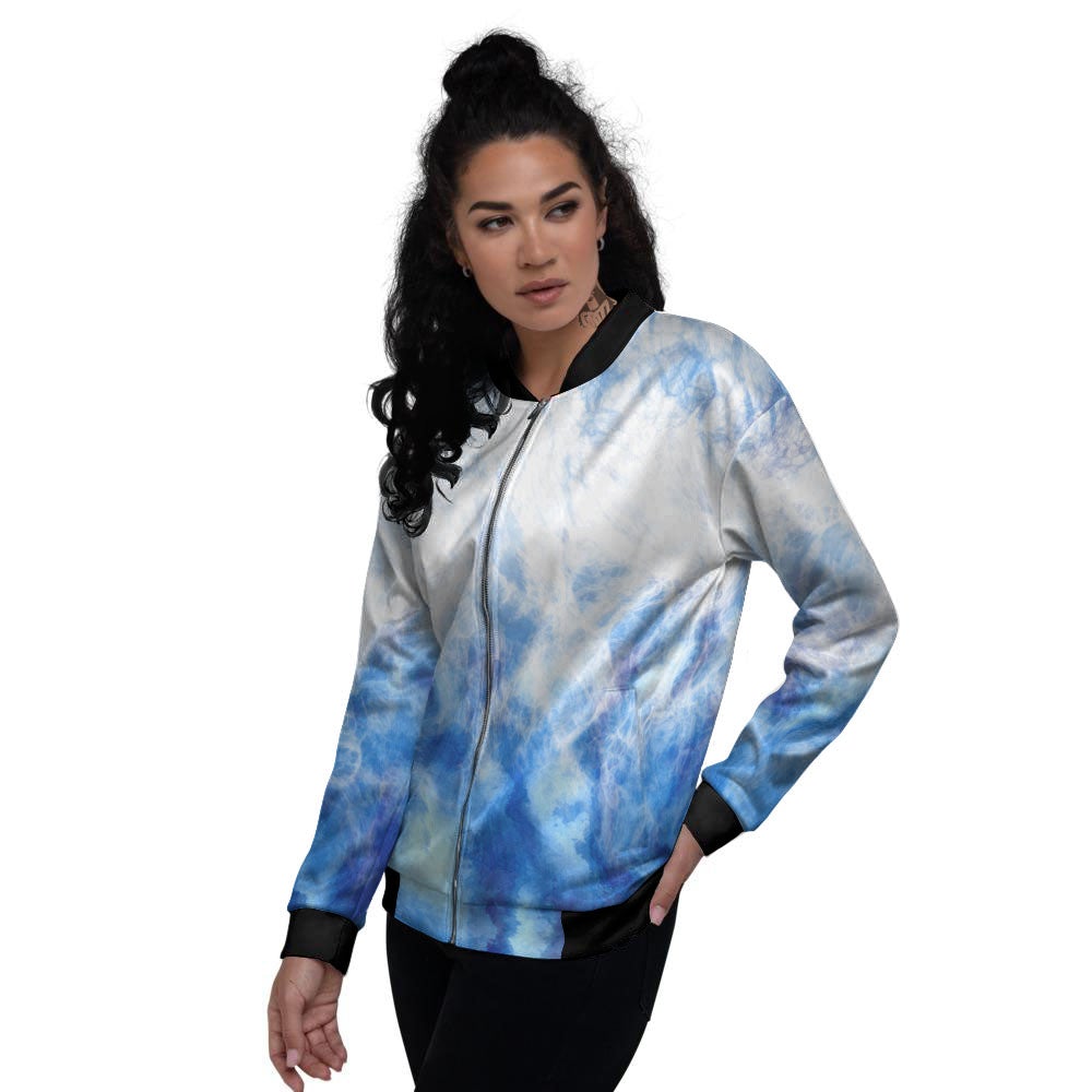 Tie Dye Acid Wash White And Blue Print Women's Bomber Jacket-grizzshop