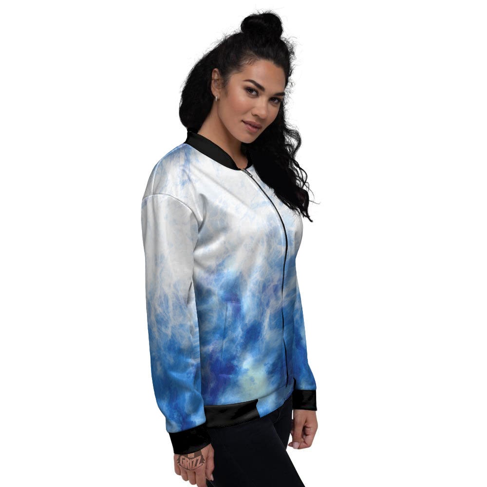 Tie Dye Acid Wash White And Blue Print Women's Bomber Jacket-grizzshop