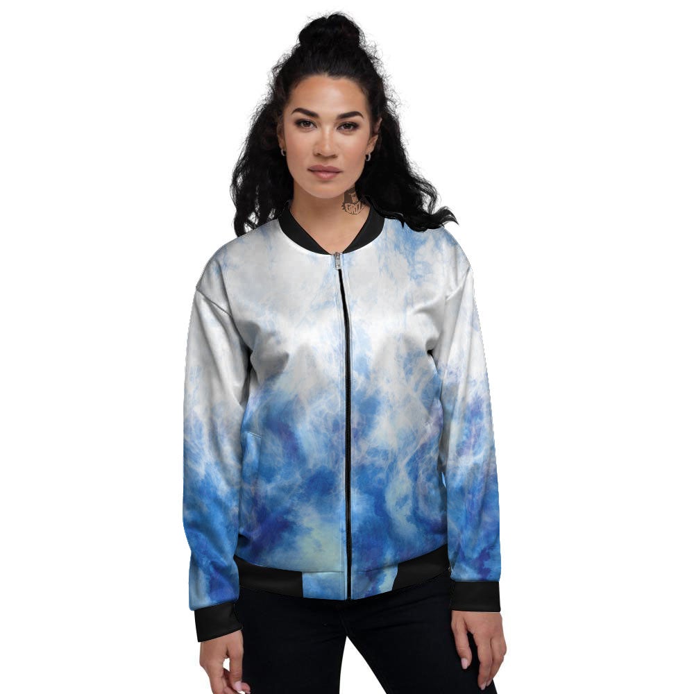 Tie Dye Acid Wash White And Blue Print Women's Bomber Jacket-grizzshop