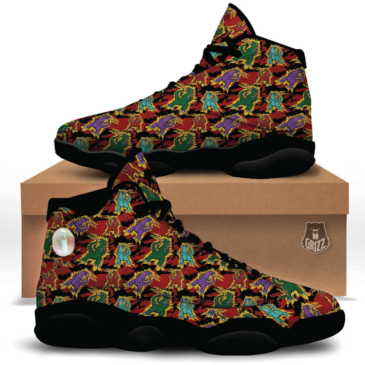 Tie Dye And Godzilla Print Pattern Black Basketball Shoes-grizzshop
