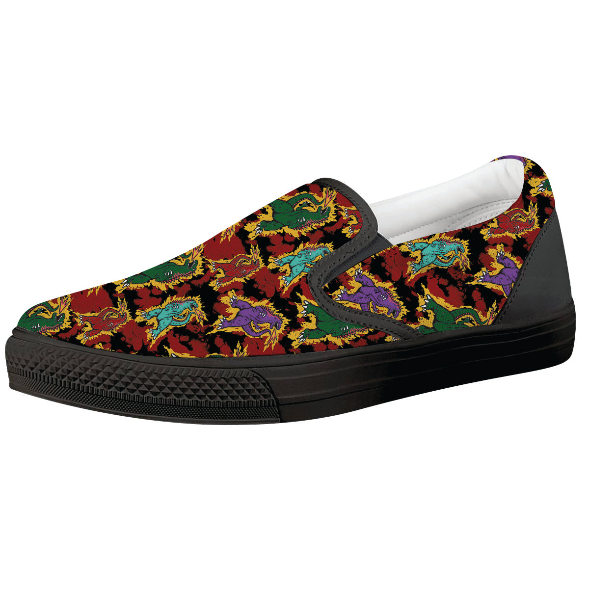 Tie Dye And Godzilla Print Pattern Black Slip On Shoes-grizzshop