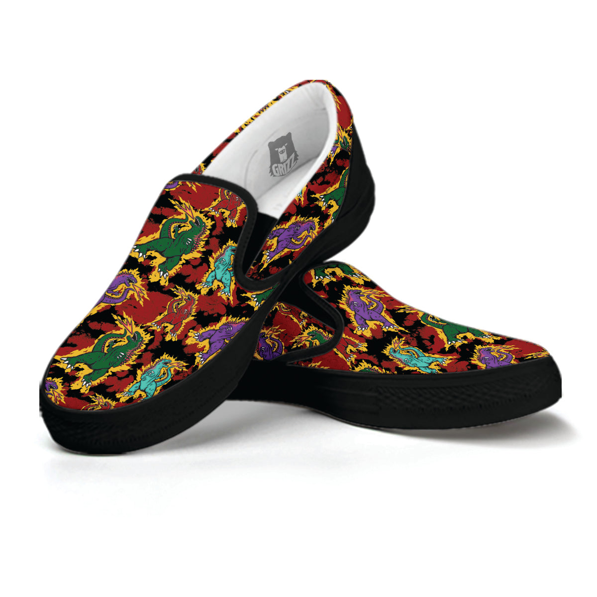 Tie Dye And Godzilla Print Pattern Black Slip On Shoes-grizzshop