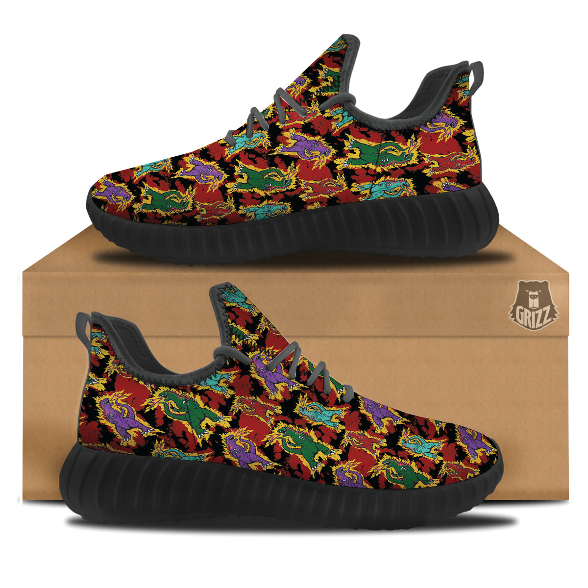 Tie Dye And Godzilla Print Pattern Black Walking Shoes-grizzshop