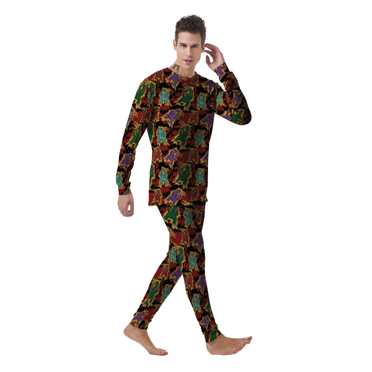 Tie Dye And Godzilla Print Pattern Men's Pajamas-grizzshop