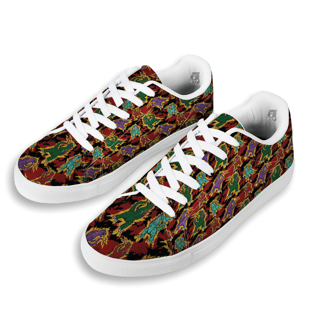 Tie Dye And Godzilla Print Pattern White Low Top Sneakers-grizzshop
