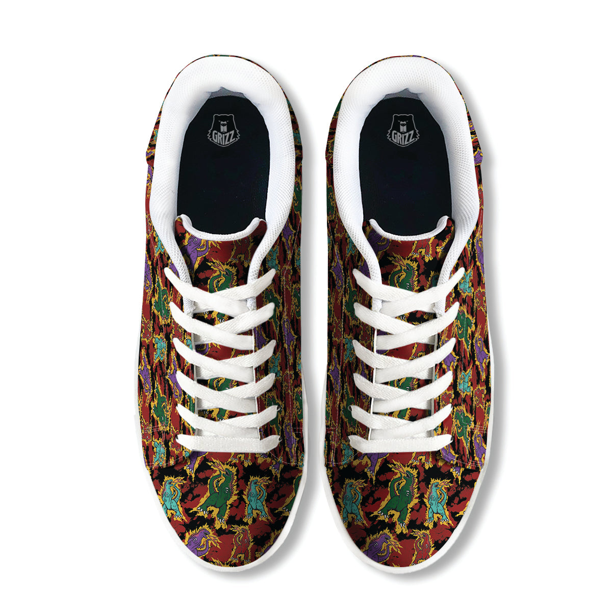 Tie Dye And Godzilla Print Pattern White Low Top Sneakers-grizzshop