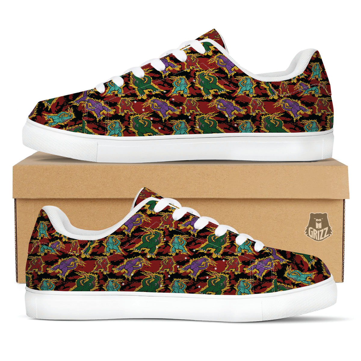 Tie Dye And Godzilla Print Pattern White Low Top Sneakers-grizzshop