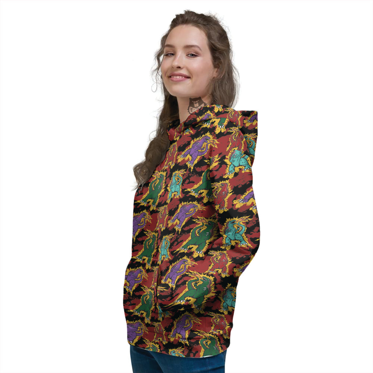 Tie Dye And Godzilla Print Pattern Women's Hoodie-grizzshop