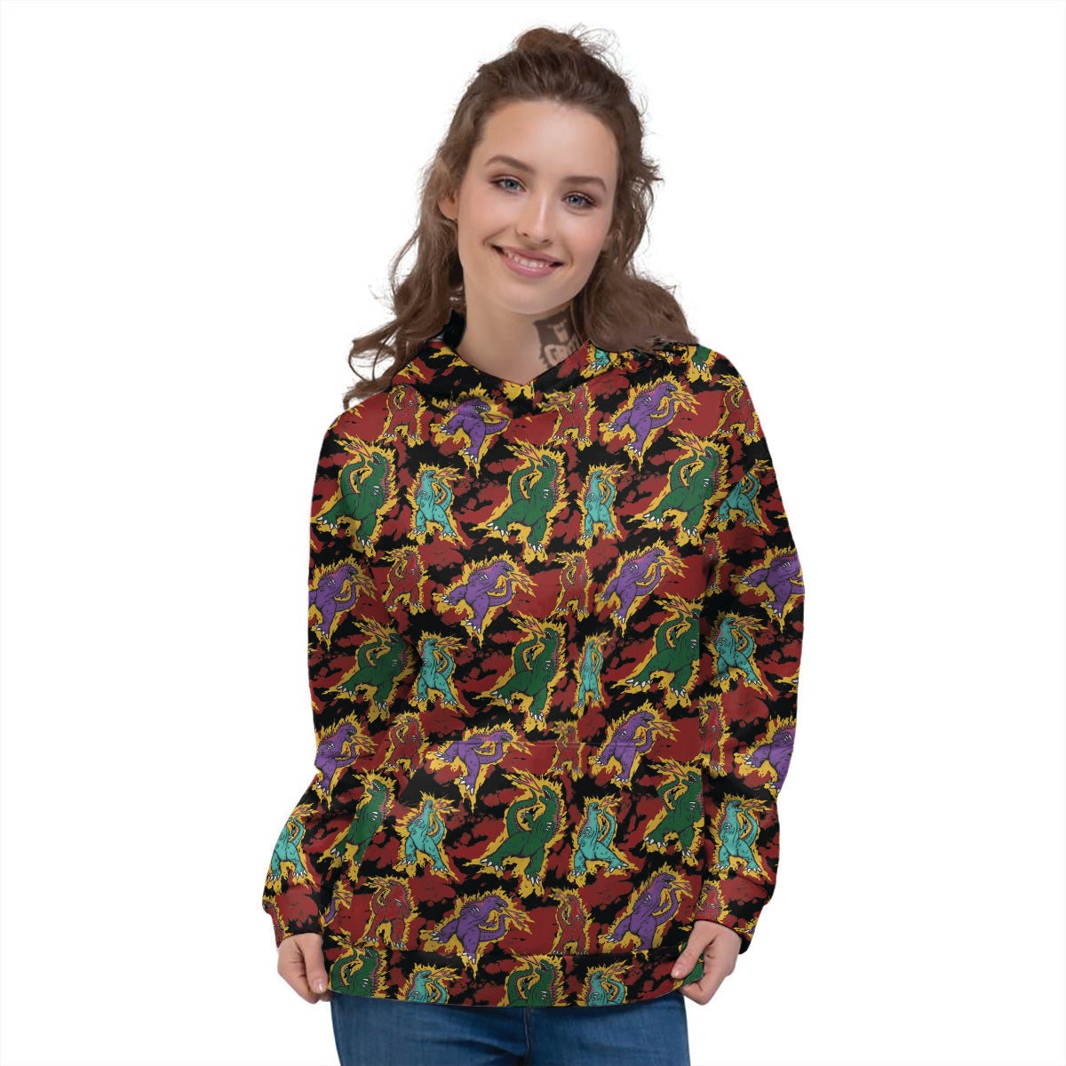 Tie Dye And Godzilla Print Pattern Women's Hoodie-grizzshop