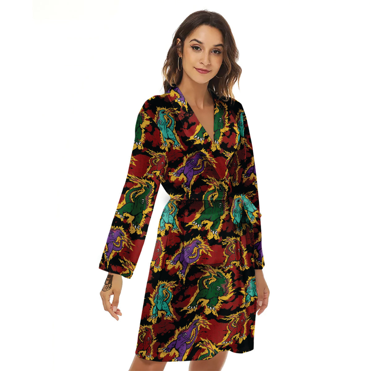 Tie Dye And Godzilla Print Pattern Women's Robe-grizzshop