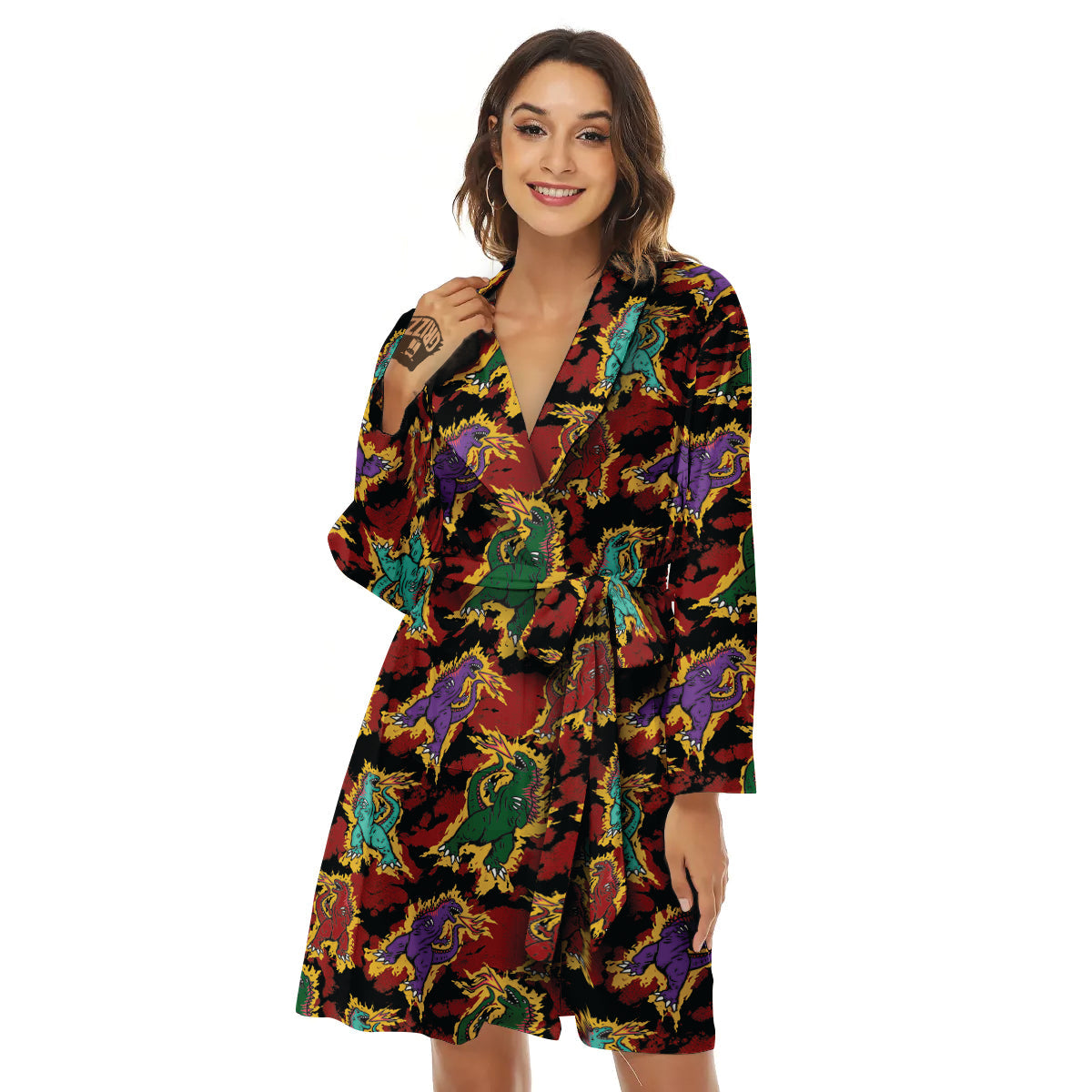 Tie Dye And Godzilla Print Pattern Women's Robe-grizzshop