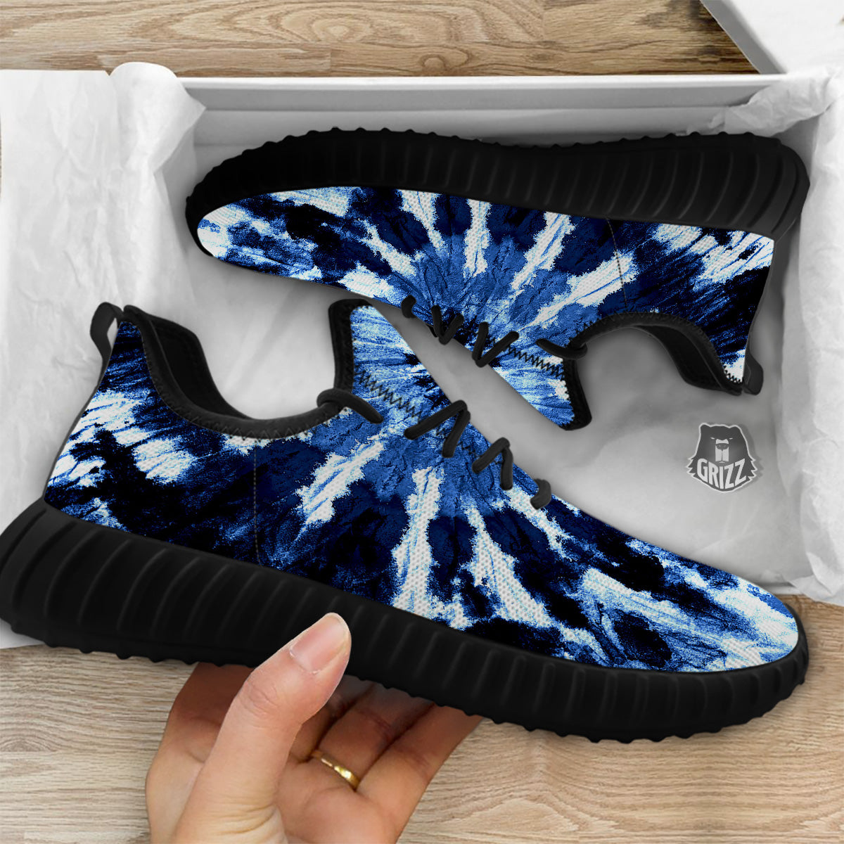 Tie Dye Black And Blue Print Black Walking Shoes-grizzshop