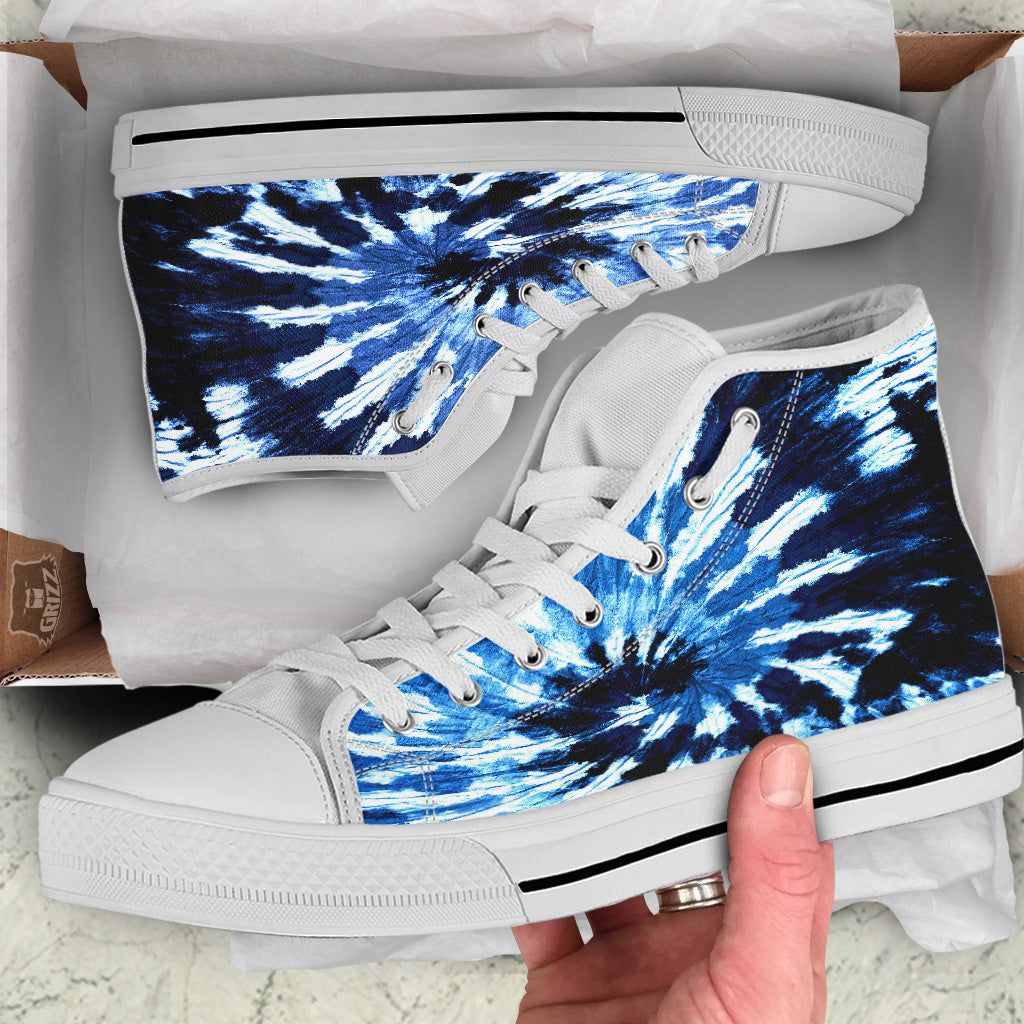 Tie Dye Black And Blue Print White High Top Shoes-grizzshop