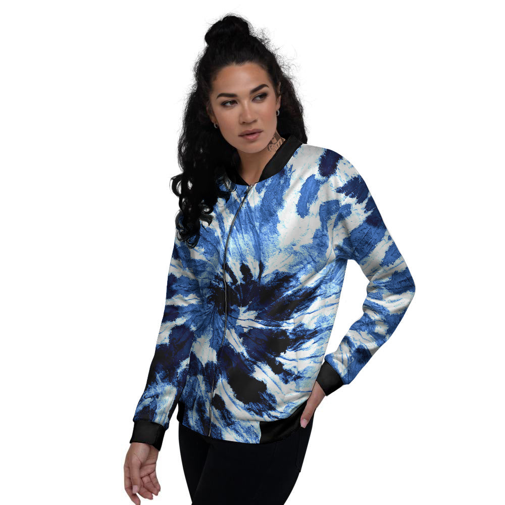 Tie Dye Black And Blue Print Women's Bomber Jacket-grizzshop