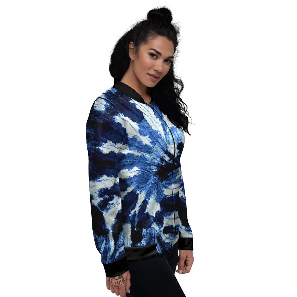 Tie Dye Black And Blue Print Women's Bomber Jacket-grizzshop